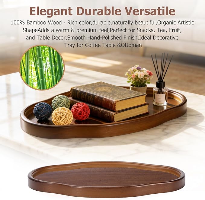 Wood Serving Tray, Wooden Tray, 14.57 Inch Irregular Decorative Serving Trays Platters for Home,Party,Coffee Table,Dining Table & Countertop