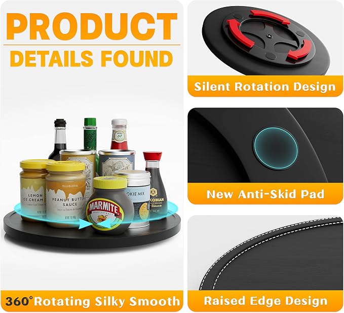 Lazy Susan Organizer Homerays 12 Inch Non-Skid Bamboo Lazy Susan for Kitchen Rotating Spice Rack for Kitchen Cabinet, Wood Turntable for Kitchen Countertop Organizer Black - Image 5