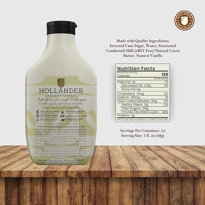 Hollander White Chocolate Cafe Sauce | GMO-Free, Gluten-Free, Soy-Free, Corn Syrup Free | 15 oz Squeeze Bottle - Image 2