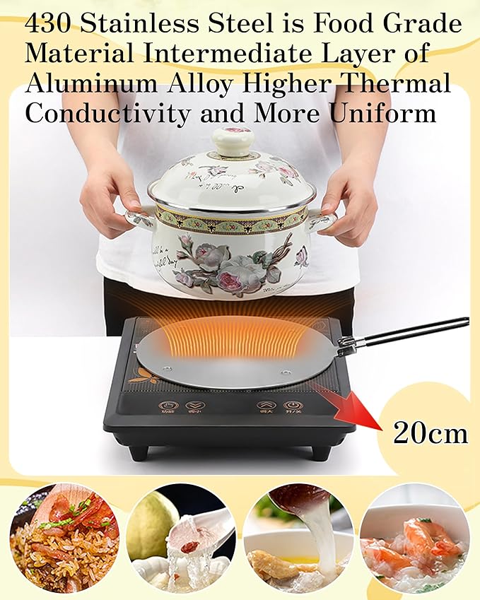 RoseFlower Induction Adaptor, 20cm/7.87" Foldable Handle Heat Diffuser Plate – Universal for Induction Cooker/Gas Stove, Portable Hob, Camping Cooker, Moka Pot Adapter Plate, Heat Diffuser for Cooking