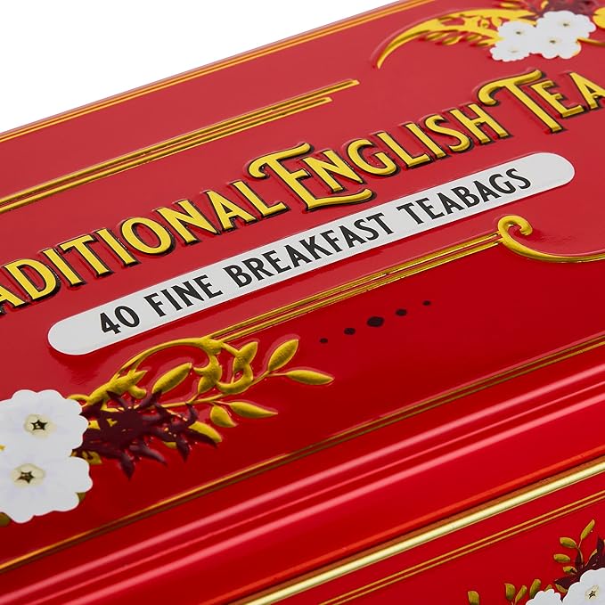 New English Teas Vintage Victorian Tea Tin in Berry-Red with 40 English Breakfast Teabags