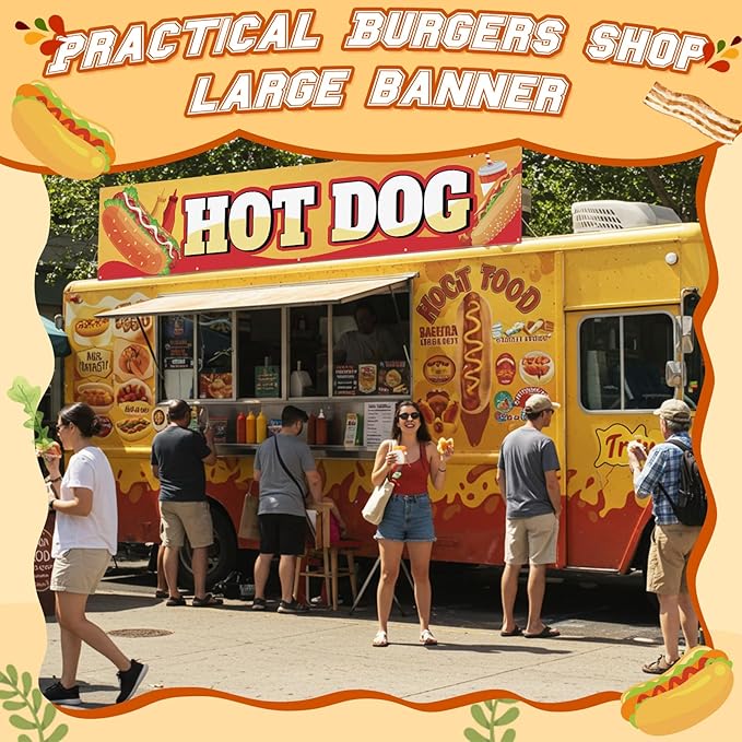 Tegeme Hot Dog Banner Sign for Shop Truck Decor 2x10 Ft/ 24x120 Inch Hot Dog Party Decorations Hotdog Birthday Party Supplies with 10 Grommets for Easy Hang Indoor Outdoor