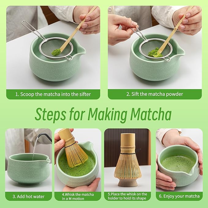TEANAGOO Matcha Whisk Set Green,7 Pcs Matcha Set,Matcha Starter Kit for Ceremony,Matcha Tea Set for Making Breakfast/Latte,Green Matcha Bowl(Chawan) whith Spout and Whisk,Gift for Friend/Family