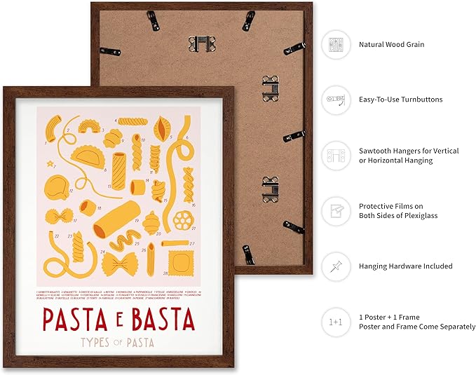 Poster Master Vintage Illustration Poster - Retro Food Print - Types of Pasta, Yellow, Spaghetti, Rotini, Penne - Gift for Artist, Chef - Wall Decor for Kitchen, Restaurant, 8x10 Brown Framed