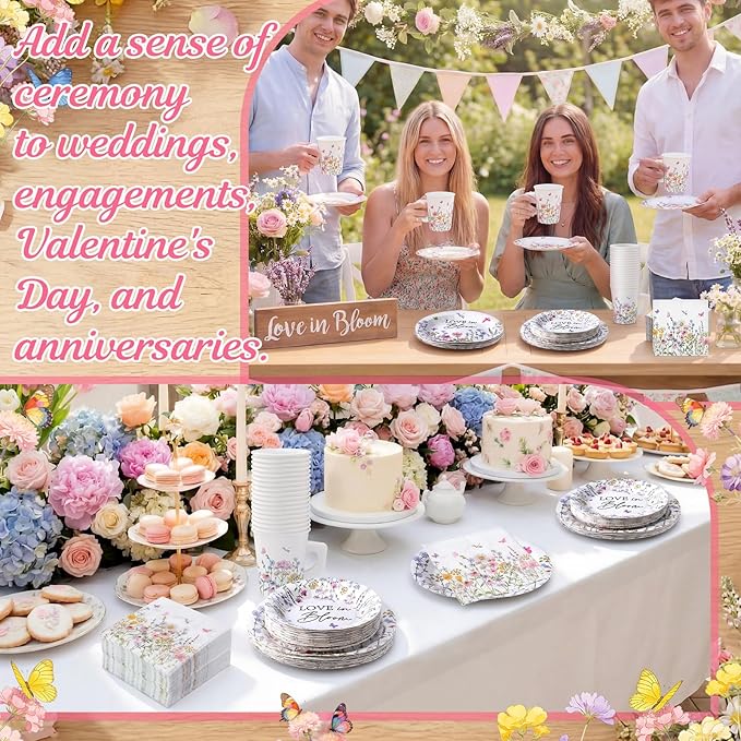 Pickmesh 252 Pcs Love in Bloom Tea Party Supplies for 36 Guests Wildflower Paper Disposable Dinnerware Flower Teacup with Handle and Saucers Set for Tea Party Decorations Birthday Baby Shower Wedding