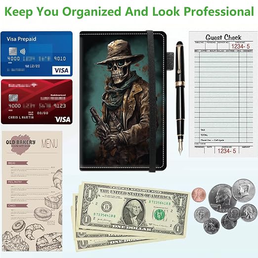 Server Books for Waitress, 5x9 Inch Waitstaff Server Order Pads, 11 Large Pockets, Cute PU Leather Waitress Book Server Wallet with Elastic Band Fit Server Apron,Skull Cowboy with Gun - Image 5