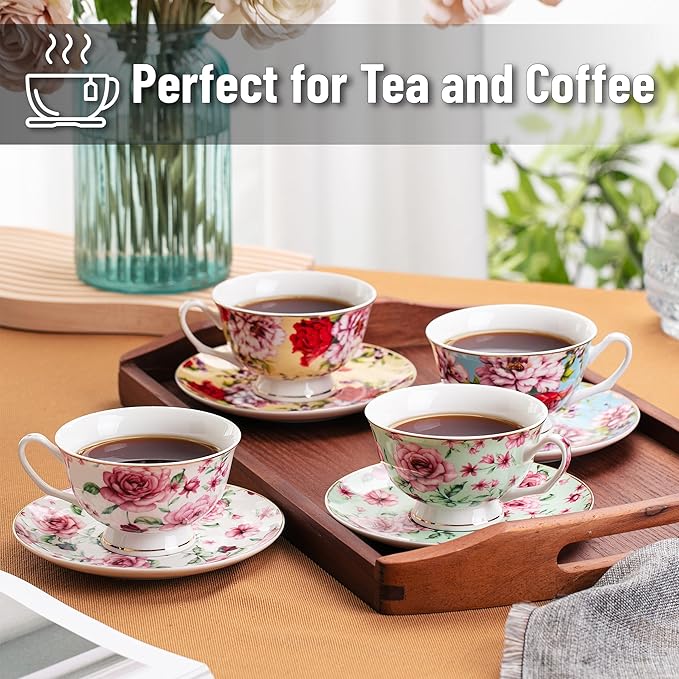 BTaT- Floral Tea Cups and Saucers Set of 4 (7 oz), Porcelain Tea Cup Sets, Assorted Colors with Gold Trim & Gift Box, Dishwasher & Freezer Safe
