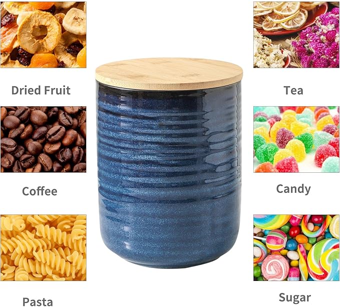 HASENSE Ceramic Food Storage Jars with Bamboo Lids – 80oz + 24oz Kitchen Canister Set – 7.5" & 5.9" Airtight Containers for Coffee, Tea, Sugar, Flour – Pantry Organization Jar Set of 2（Blue）