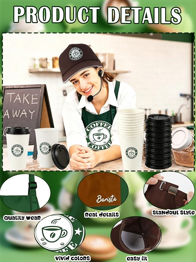 36 Pcs Halloween Barista Costume Set Coffee Maker Costume Outfit Include Green Aprons Cap Notebook Headset Name Tag Cards Cups and Pen for Adults Unisex Cosplay - Image 3