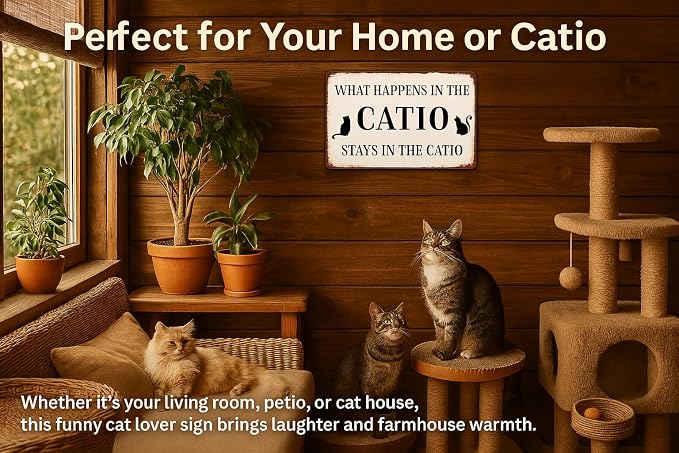Cat Lover Sign What Happens In The Catio Stays In The Catio Metal Tin Sign Funny Cat House Sign For Home Farmhouse Wall Decor Vintage Cat Owner Gift 8x12 Inch - Image 2