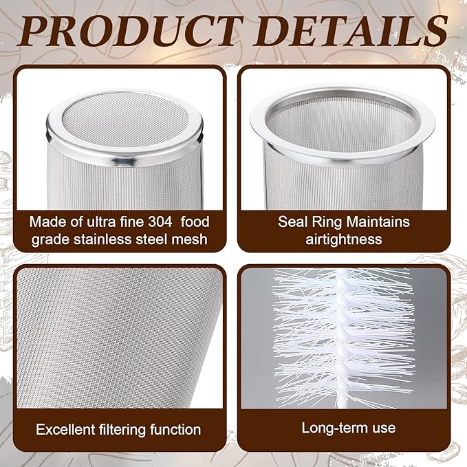 Cold Brew Coffee Filter with Brush Tea Infuser Strainer for 32 Oz/1 Quart Wide Mouth Mason Jar 304 Stainless Steel Food Grade Filter with Sealing Ring for Iced Drink Fruit Tea Coffee Maker