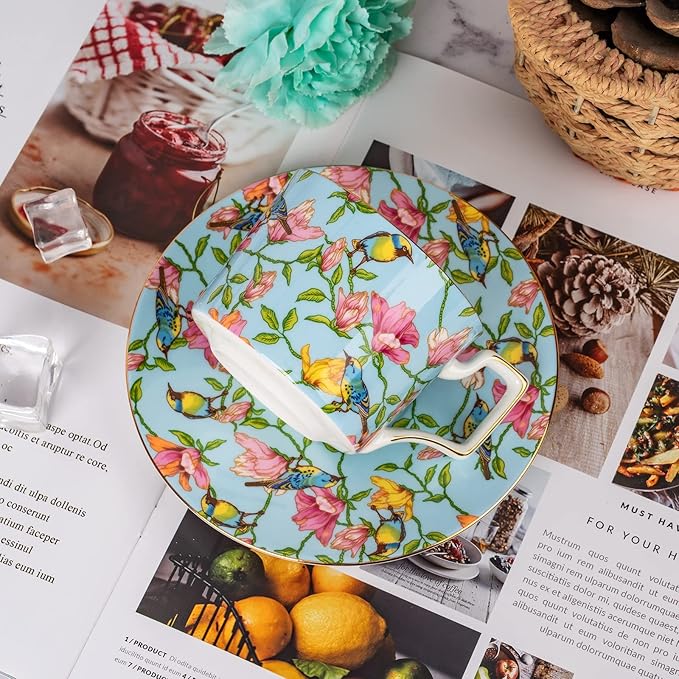 Vintage 8 Ounces Teacup and Saucers Set Floral Tea Cups Set Bone China TeaCups Coffee Tea Cup for Tea Party Women Mom (Blue)