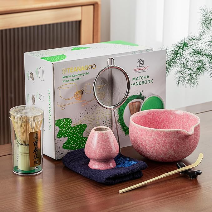TEANAGOO Matcha Whisk Set,7 Pcs Matcha Set Pink,Ceremony Matcha Kit,Matcha Tea Set for Making Latte,Ceramic Bowl(chawan) whith Spout and Whisk,Gift for Matcha Lovers