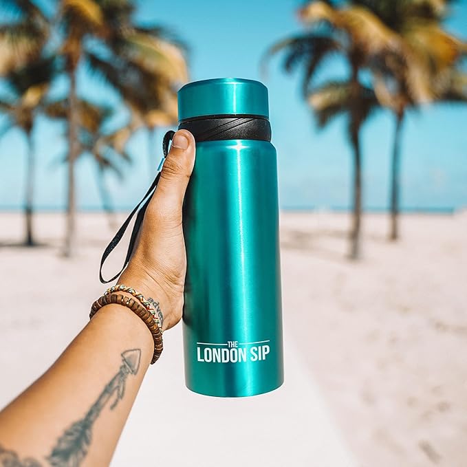 The London Sip 25 oz Multi-Function Travel Mug and Tumbler Tea Infuser Water Bottle Fruit Infused Flask Hot and Cold Double Wall Stainless Steel Coffee Thermos, Celestial Blue, Pack of 2