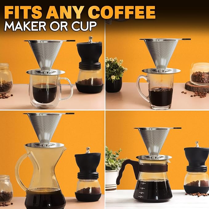 Stainless Steel Pour Over Coffee Maker With Cleaning Brush & Non-Slip Silicone Handle - 2 Cups Capacity Stainless Steel Pour Over Coffee Dripper With Secure Wide Base, Clean Flavor Paperless