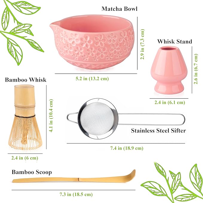 Matcha Whisk Set- Matcha Set includes Matcha Whisk and Bowl with Spout, Sifter, Holder and Scoop- The Perfect Bamboo Whisk for Matcha Tea (Pink Flowers)
