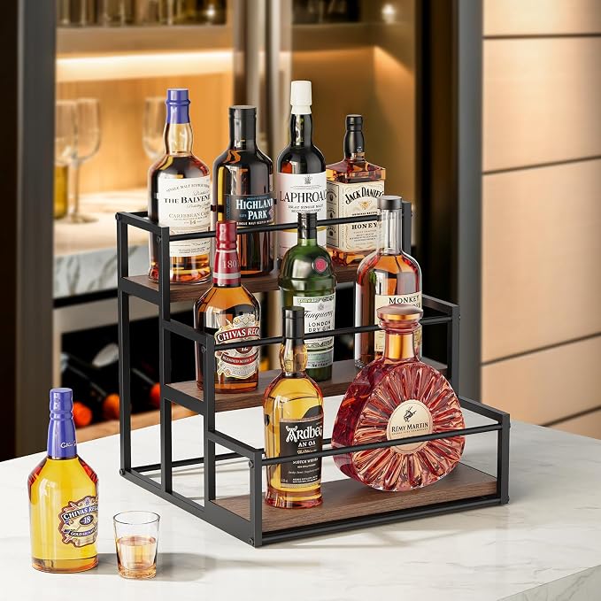 THYGIFTREE Liquor Bottle Display Shelf, 3 Tier Bar Shelf Stand for Liquor & Whiskey, Countertop Liquor Rack Organizer for Home Bar Kitchen Coffee Station - Image 2