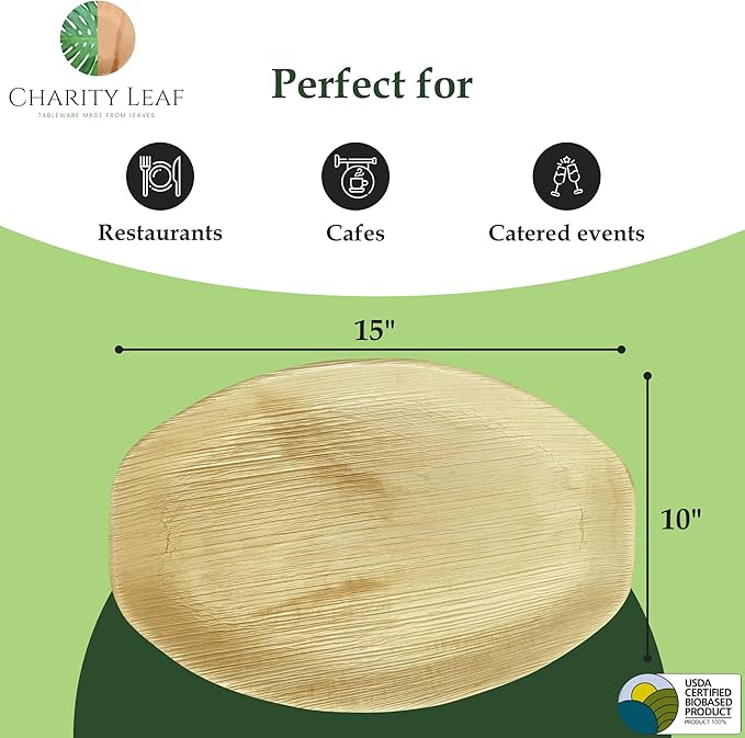 Charity Leaf Disposable Palm Leaf 15" x 10" Trays (10 pieces) Bamboo Like Serving Platters, Disposable Boards, Eco-Friendly Dinnerware For Weddings, Catering, Events