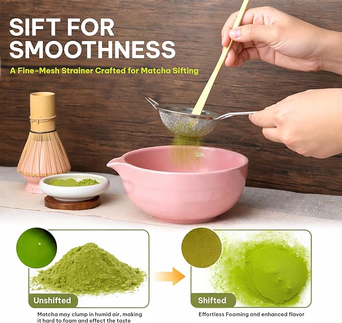 Pink Matcha Whisk Set 5pcs Matcha Set With A Bowl, Mini Whisk And Holder, Bamboo Scoop And Stainless Steel Sifter Perfect Matcha Kit For Gifts