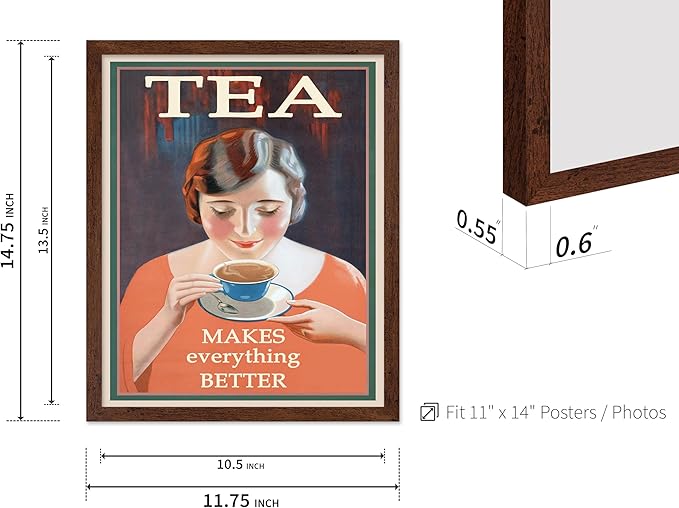 Poster Master Vintage Tea Makes Everything Better Print - Retro Food & Drink Poster - Positive Quotes Art - Gift for Women, Tea Lover - Decor for Kitchen, Teahouse - 11x14 Brown Framed