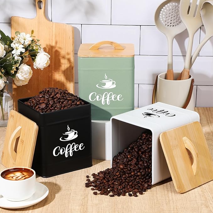 Maxdot 40 oz Turquoise Airtight Coffee Canister Large Iron Farmhouse Container with Wooden Bamboo Lid Tea Storage Kitchen Countertop Container for Coffee Grounds Beans Pods