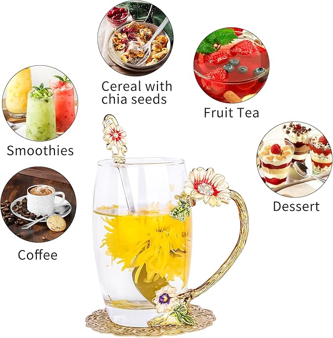 Flower Tea Cup,Butterfly Daisy Glass Fancy Coffee Mug with Spoon,Gift Box for Her Mom Wife Grandma Girls Friends Valentines Christmas Birthday Present Idea for Juice,Hot/Cold Drinks Use (purple)