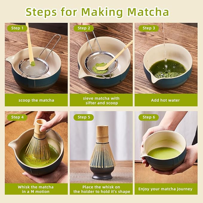 Matcha Whisk Set, Matcha Set Includes 2X Matcha Whisk, Matcha Bowl and Chasen Holder, Bamboo Scoop, Scoop Rest, Sifter - 7 Pcs Matcha Kit for Tea Ceremony, Gift for Matcha Lover (Blue to Black)
