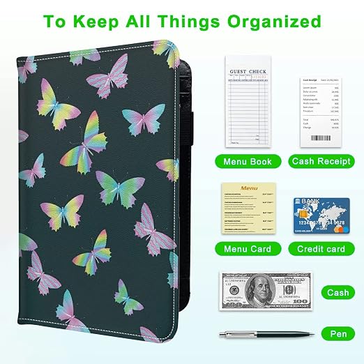 Server Books for Waitress, with 7 Large Pockets, Waiter Serving Book, Waitstaff Server Order Pads, Cute PU Leather Server Book with Pen Holder Fit Server Apron, Pink Butterflies - Image 5