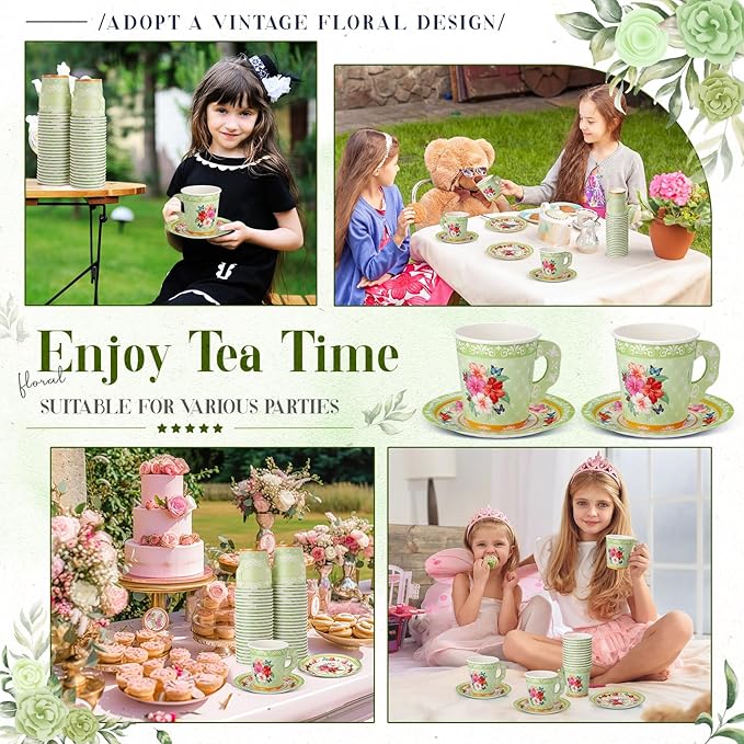Nuogo 200 Pcs Floral Paper Tea Cups and Saucers 7 oz Disposable Tea Party Decorations Vintage Cute Paper Cups and Plates with Handles for Girls Wedding Baby Bridal Shower, Serve 100 (Green)