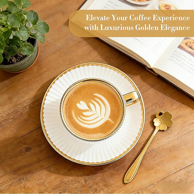 Cappuccino Cups Set of 4, 7oz Espresso Cups Set with Saucers and Spoons, Gold Trim Ceramic Coffee Tea Cups for Latte, Mocha, Au Lait, Dishwasher & Microwave Safe, Art Deco (Gold Striped/200ml)