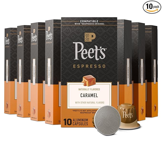 Peet's Coffee, Medium Roast Espresso Capsules, Compatible with Nespresso Original Machine - Caramel, 100 Count (10 Boxes of 10 Espresso Capsules)