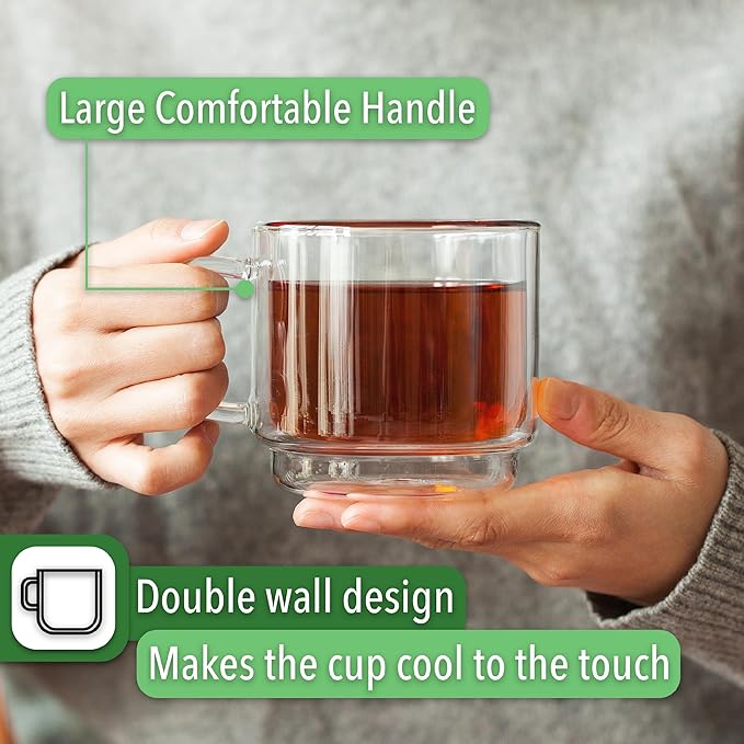 BTaT- Double Walled Stackable Glass Coffee Mugs, 12 oz, Set of 4, Glass Coffee Cups with Handle, Insulated Clear Coffee Mug for Hot and Cold Beverages, Cappuccino, Latte, Tea, Americano
