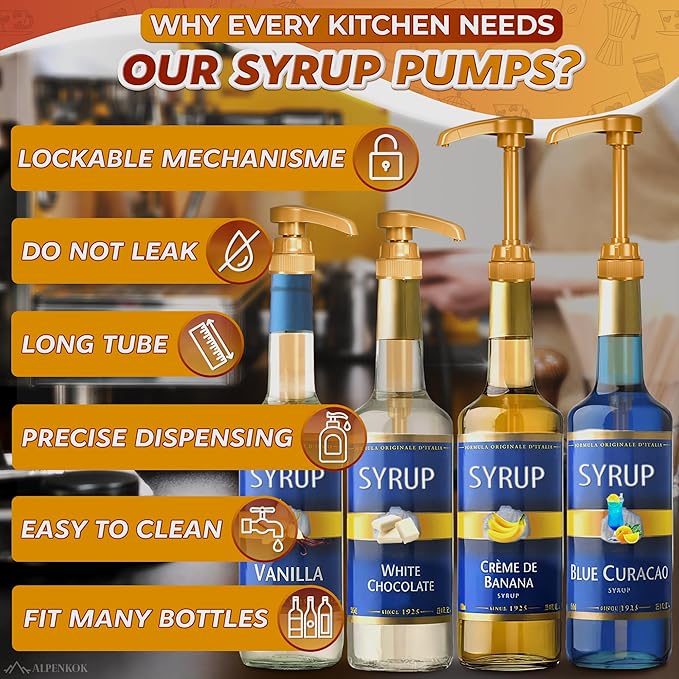 Pumps for Syrup Bottles 5 Pack - 9.25" Closed/11.54" Open Coffee Syrup Dispenser Pump - Lockable Mechanism, Fits Various 25.4 oz Bottles, Easy to Use & Clean, Suitable for Liquids, Pastes & Sauces