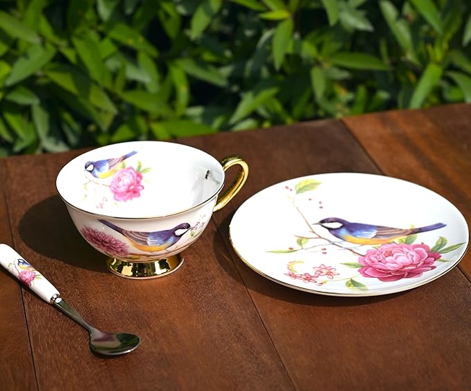 British Coffee Cup 3 Piece Set（6.8oz） Household Fashional Tea Cup with Saucer Spoon (white-magpie)