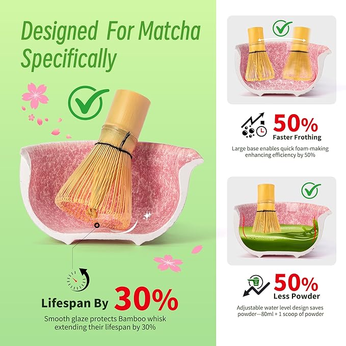 TEANAGOO Matcha Whisk Set,7 Pcs Matcha Set Pink,Ceremony Matcha Kit,Matcha Tea Set for Making Latte,Ceramic Bowl(chawan) whith Spout and Whisk,Gift for Matcha Lovers