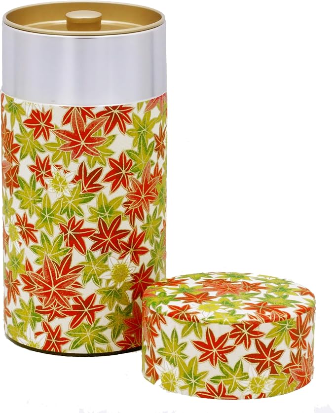 Washi Paper Tea Tin Canister: Long 7oz (200g) Maple (#148), Japan