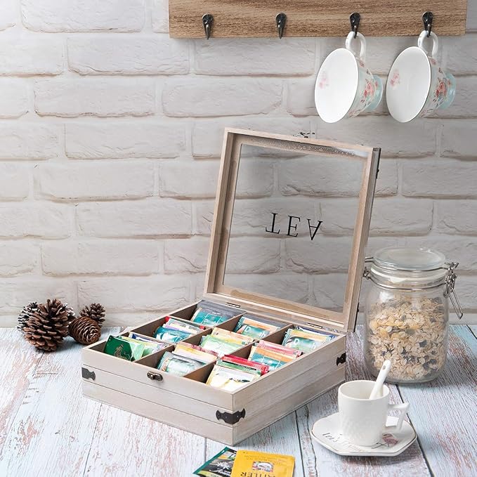 Tea Box Organizer - 9 Compartment Rustic Storage Box, Holder for Tea Bags, Coffee Pods, Instant Coffee Packets, Creamers, Sugar (Gray)