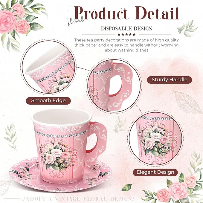 200 Pcs Floral Paper Tea Cups and Saucers 7 oz Disposable Tea Party Decorations Vintage Cute Paper Tea Cups and Plates with Handles for Girls Wedding Baby Bridal Shower Birthday, Serve 100(Pink)