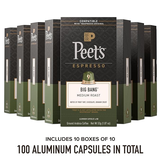 Peet's Coffee, Medium Roast Espresso Capsules, Compatible with Nespresso Original Machines, 100% Arabica Coffee - Big Bang, Intensity 9, 100 Count (10 Boxes of 10 Espresso Capsules)