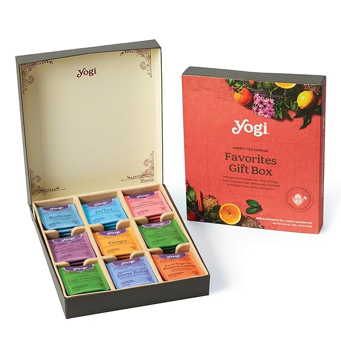 Yogi Organic Tea Sampler Gift Box (45 Tea Bags) Assorted Delicious Wellness Blends - 9 Favorite Herbal, Green & Black Varieties | Gift Box, 9 Favorite, Assorted, Delicious, Wellness Teas