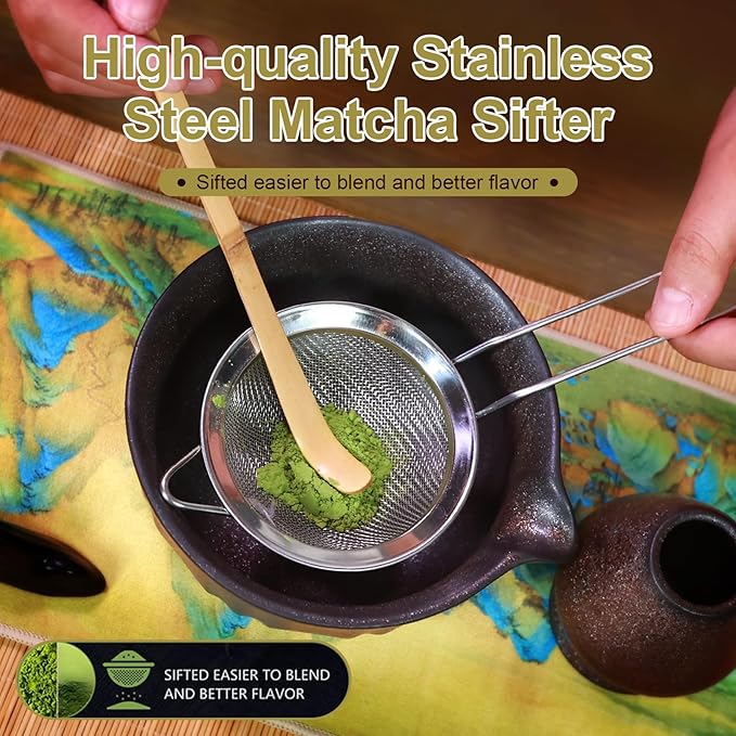 Matcha Set Whisk and Bowl, 8 Pcs Matcha Making Kit includes Bowl with Spout, Bamboo Whisk, Bamboo Scoop, Ceramic Holder and Stainless Sifter for Tea Matcha Lover, Gilded