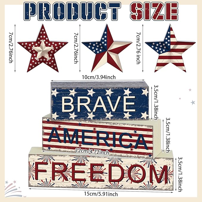 Geelin 6 Pieces 4 of July Table Decorations Patriotic Memorial Day Wooden Block Signs Red White Blue Tabletop Centerpieces Farmhouse Independence Day Tiered Tray Decor for Home 250th Anniversary