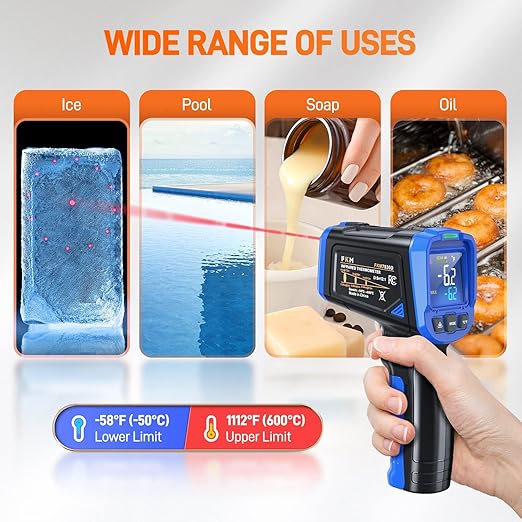 FKM Laser Thermometer Gun -58°F~1112°F(-50°C~600°C),Non Contact Infrared Thermometer Gun for Industrial,Engine,HVAC,Kitchen Cooking,Digital Temperature Gun Adjustable Emissivity,Not for Human