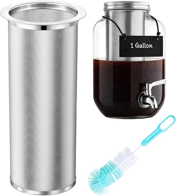 Cold Brew Coffee Filter with Brush Tea Infuser Strainer for 1 Gallon/128 oz Wide Mouth Mason Jar 304 Stainless Steel Food Grade with Sealing Ring for Iced Drink Fruit Tea Coffee Maker
