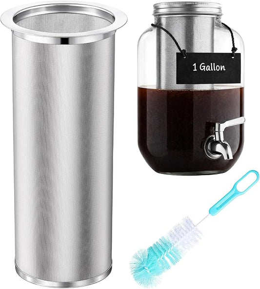 Cold Brew Coffee Filter with Brush Tea Infuser Strainer for 1 Gallon/128 oz Wide Mouth Mason Jar 304 Stainless Steel Food Grade with Sealing Ring for Iced Drink Fruit Tea Coffee Maker
