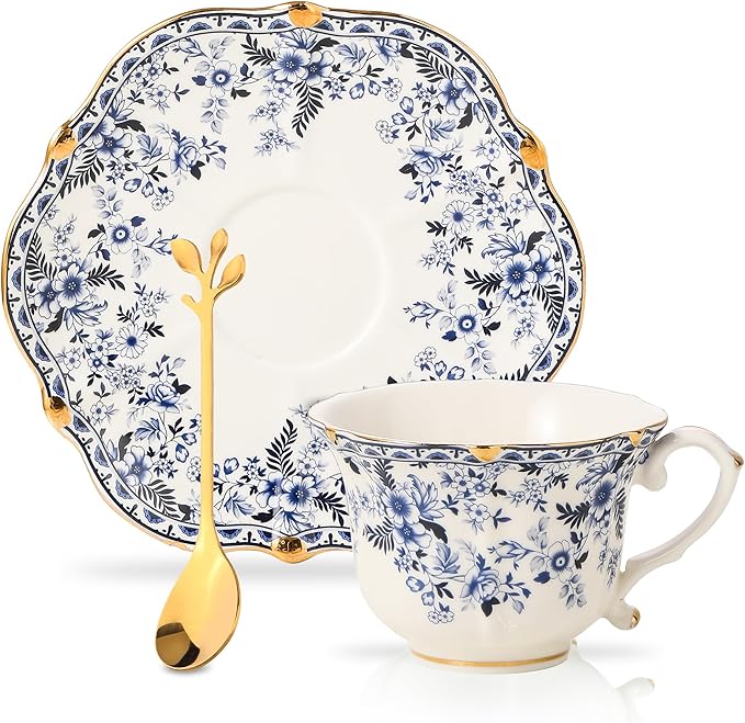 Country Roses Porcelain Tea Cup and Saucer Set with Gold Trim, Vintage Style, For Women and Tea Parties (1, Cyan)