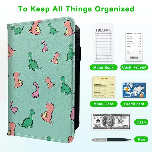 Server Books for Waitress, with 7 Large Pockets, Waiter Serving Book, Waitstaff Server Order Pads, Cute PU Leather Server Book with Pen Holder Fit Server Apron, Cute Dinosaur B - Image 5