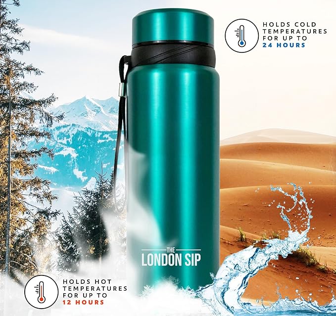 The London Sip 25 oz Multi-Function Travel Mug and Tumbler Tea Infuser Water Bottle Fruit Infused Flask Hot and Cold Double Wall Stainless Steel Coffee Thermos, Celestial Blue, Pack of 2
