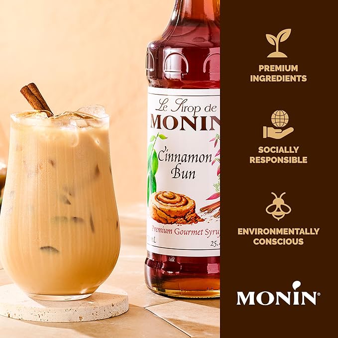 Monin - Cinnamon Bun Syrup | Premium Syrup for Cocktails, Coffees & More | Clean Label with No Artificial Flavors, No Artificial Preservatives (BPA-Free Plastic Bottle, 1 Liter)