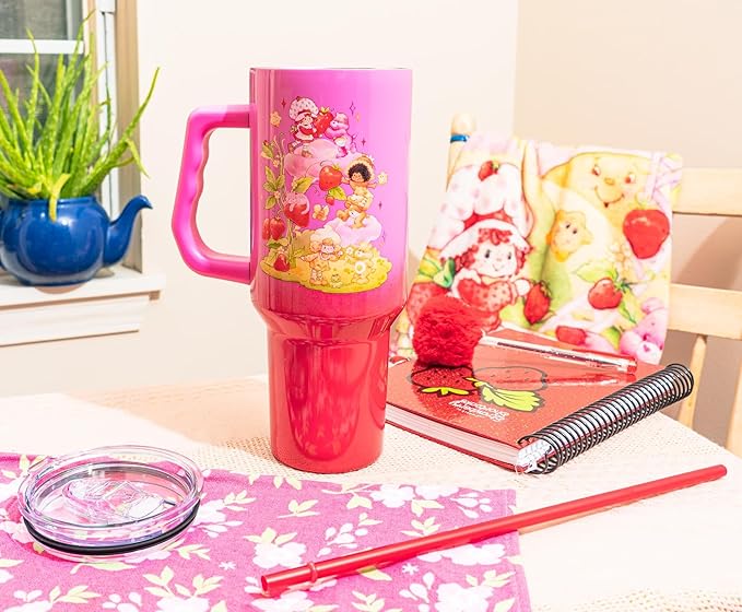 Silver Buffalo Care Bears and Strawberry Shortcake Ombre Double Walled Stainless Steel Tumbler with Handle, Fits in Standard Cup Holder, 40 Ounces